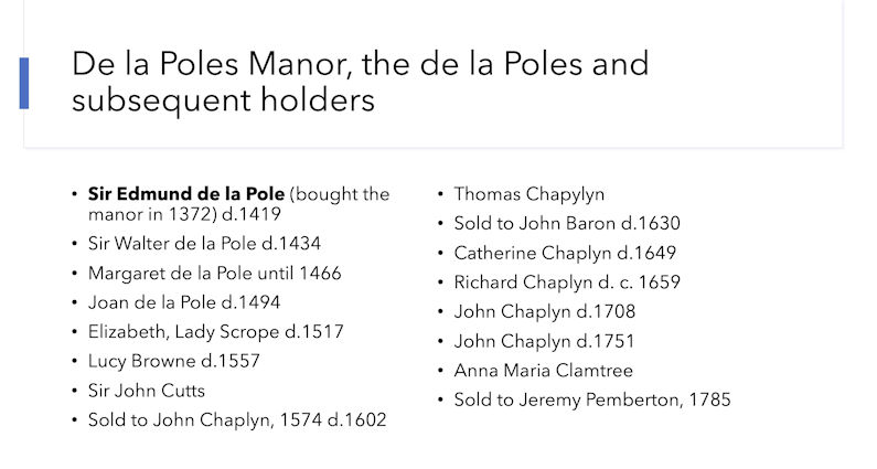Figure 13: De la Poles manor, the De la Poles and subsequent holders.