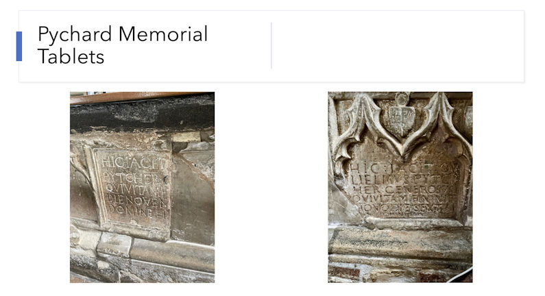 Figure 15: Pychard memorial tablets, Trumpington Church. On the left, the memorial tablet to Thomas Pychard (Pytcher), who died in 1577. On the right, the memorial tablet to William Pychard (Pytcher), who died in 1614. Photo: Jo Sear, 2024.