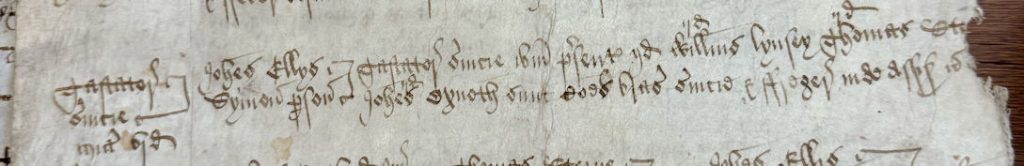 Figure 8: Extract from a court leet roll with view of Frankpledge for the manor of De la Poles for 8 December 1529. Trinity College (Cambridge) Archive. Photo: Jo Sear, 2024.