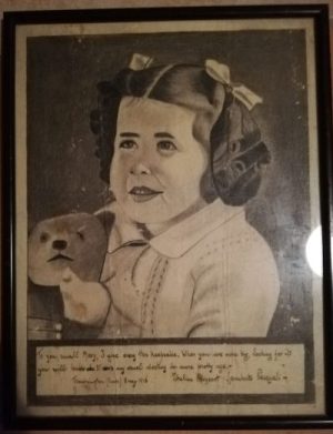 Drawing of Mary Pearson by Sergeant Lamberto Pasquali, 8 May 1943, while he was a Prisoner of War at the Trumpington Camp and working at Westwick Farm, Oakington. Source: Ashley Maylin, November 2021.