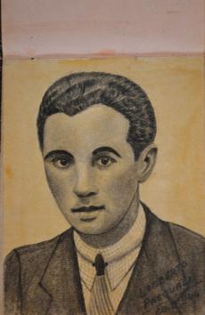 Self portrait? of Lamberto Pasquali, 20 May 1944, on a page in the autograph book given to Maureen Ann Edwards in the 1940s by a group of Italian prisoners at the Trumpington PoW camp. Photo: Andrew Roberts, 18 April 2018.