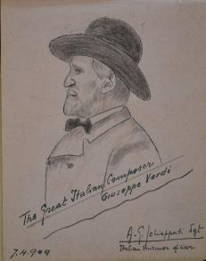 Portrait of 'The Great Italian Composer, Giuseppe Verdi, by Sgt. A.G. Schieppati?, 7 April 1944, on a page in the autograph book given to Maureen Ann Edwards in the 1940s by a group of Italian prisoners at the Trumpington PoW camp. Photo: Andrew Roberts, 18 April 2018.