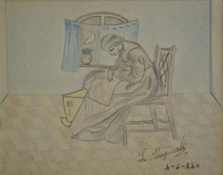 Drawing of a mother and baby, by Lamberto Pasquali, 4 June 1944, on a page in the autograph book given to Maureen Ann Edwards in the 1940s by a group of Italian prisoners at the Trumpington PoW camp. Photo: Andrew Roberts, 18 April 2018.