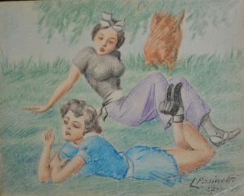 Drawing of two young women, by L. Pasinetti, 27 September 1944, on a page in the autograph book given to Maureen Ann Edwards in the 1940s by a group of Italian prisoners at the Trumpington PoW camp. Photo: Andrew Roberts, 18 April 2018.