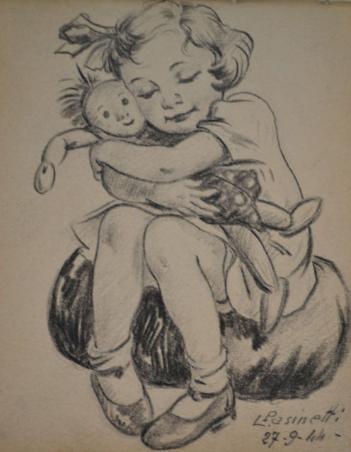 Drawing of a child, by L. Pasinetti, 27 September 1944, on a page in the autograph book given to Maureen Ann Edwards in the 1940s by a group of Italian prisoners at the Trumpington PoW camp. Photo: Andrew Roberts, 18 April 2018.