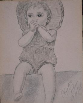 Drawing of a child, by Claudio Rossi, 25 January 1946, on a page in the autograph book given to Maureen Ann Edwards in the 1940s by a group of Italian prisoners at the Trumpington PoW camp. Photo: Andrew Roberts, 18 April 2018.