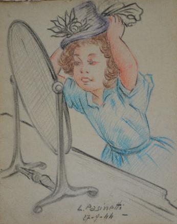 Drawing of a young woman trying on a hat, by L. Pasinetti, 27 September 1944, on a page in the autograph book given to Maureen Ann Edwards in the 1940s by a group of Italian prisoners at the Trumpington PoW camp. Photo: Andrew Roberts, 18 April 2018.