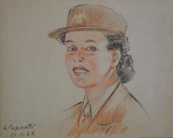 Drawing of a young woman in uniform, by L. Pasinetti, 27 September 1944, on a page in the autograph book given to Maureen Ann Edwards in the 1940s by a group of Italian prisoners at the Trumpington PoW camp. Photo: Andrew Roberts, 18 April 2018.