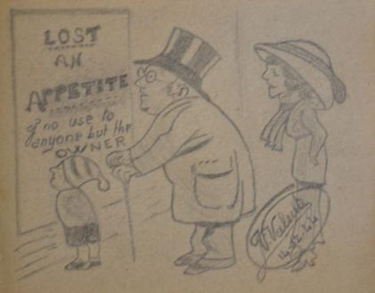 Cartoon "Lost an appetite, of no use to anyone but the owner" by V. Valeute, 14 December 1944, on a page in the autograph book given to Maureen Ann Edwards in the 1940s by a group of Italian prisoners at the Trumpington PoW camp. Photo: Andrew Roberts, 18 April 2018.