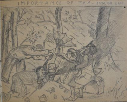 Cartoon "Importance of tea, English life" by Claudio Rossi, 1 November 1945, on a page in the autograph book given to Maureen Ann Edwards in the 1940s by a group of Italian prisoners at the Trumpington PoW camp. Photo: Andrew Roberts, 18 April 2018.