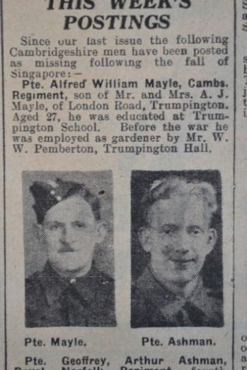 Alfred William Mayle. Independent Press and Chronicle, 8 May 1942, p. 5. Cambridgeshire Collection.