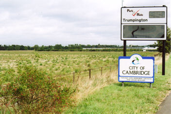 The Trumpington Meadows site, looking across the former PBI fields towards the Park & Ride site, with signs for Cambridge and the P&R site. Photo: Andrew Roberts, 20 September 2007.
