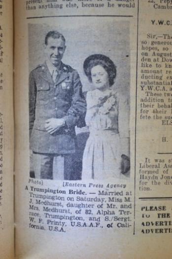 Wedding of Miss M.J. Medhurst. Independent Press and Chronicle, 15 September 1944, p. 9. Cambridgeshire Collection.