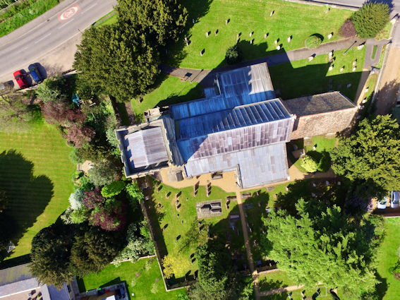 Aerial photograph of Trumpington Parish Church and churchyard, vertical perspective. Photo: Jo Sear, 2018.
