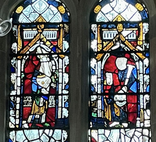 Images of St Peter and St Paul in window on the north side of the chancel, Trumpington Parish Church. Photo: Jo Sear, 2023.