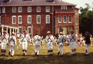 Morris men performing at rear of Trumpington Hall, Trumpington Medieval Weekend. Photo: Andrew Roberts, June 1989.
