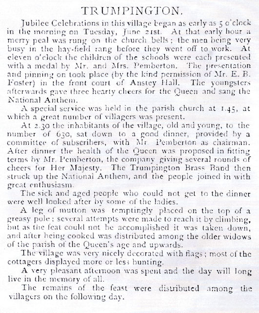 Jubilee Celebrations of Her Majesty the Queen in Cambridge and Surrounding Villages, 1887. W. Metcalfe & Son, Rose Crescent, Cambridge. Trumpington, page 109.