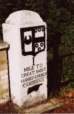 The first Trinity Hall milestone at the junction of Trumpington Road and Brooklands Avenue, 1728. Photo: Andrew Roberts, 18 September 2007.