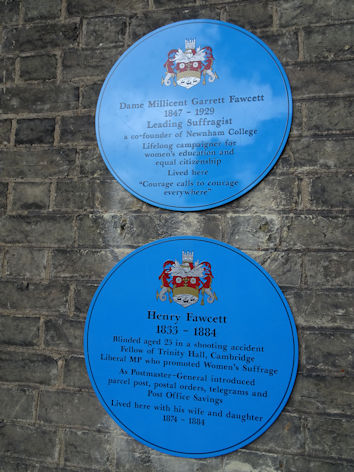 The Blue Plaques to Millicent Fawcett and Henry Fawcett, 18 Brookside. Photo: Andrew Roberts, 4 April 2018.