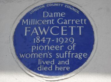 The blue plaque to Millicent Fawcett, 2 Gower Street, London. Photo: Andrew Roberts, 18 May 2018.