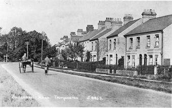 Looking across the earliest houses in Shelford Road, numbers 3-17, to the junction with Trumpington High Street, from the west side of the road, c. 1920. Trumpington in Old Picture Postcards, 24.
