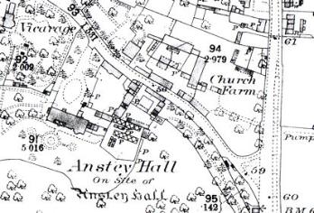 Extract from 1885 Ordnance Survey map of Trumpington, with Anstey Hall and Church Farm. There were three servants living at Anstey Hall in the 1891 census (the owner was not present).