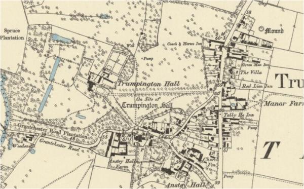 Ordnance Survey 6 inch map, 1885: detail of Trumpington village centre. Reproduced by permission of the National Library of Scotland.