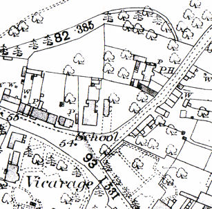 Extract from 1885 Ordnance Survey map, showing the School with the School House to its east.