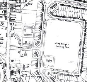 Ordnance Survey map of the King George V playing field area, 1954.