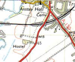Ordnance Survey map, 1954, PoW camp marked as 'Hostel'.