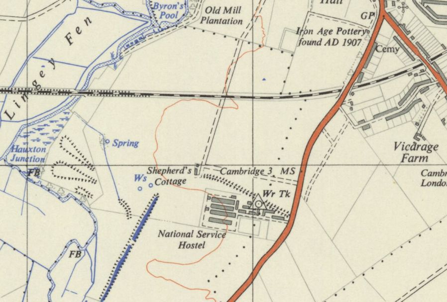 Ordnance Survey map, 1956, with the site of the PoW camp shown as the ‘National Service Hostel’.