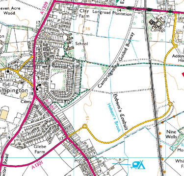 Updated map of Trumpington showing Addenbrooke's Road (Ordnance Survey Get-a-map service, reproduced with permission of Ordnance Survey), December 2010.