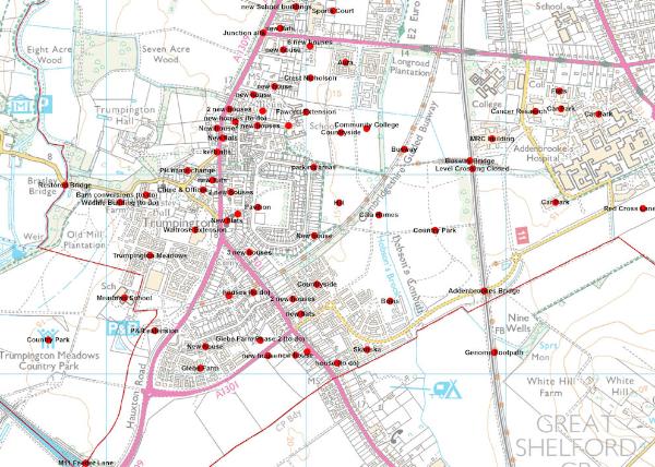 Recent Ordnance Survey work in Trumpington, May 2017. Image reproduced from Ordnance Survey mapping by kind permission of Ordnance Survey.