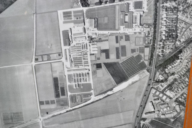 Aerial photograph of the Plant Breeding Institute (PBI) site, 1975: detail of land including the former railway line, PBI buildings, to Hauxton Road. Source: Michael Hendy.