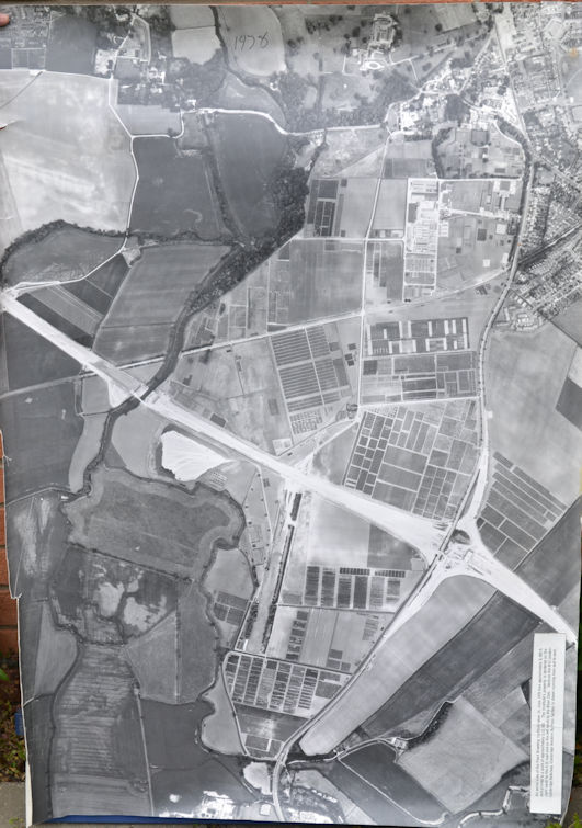 Aerial photograph of the Plant Breeding Institute (PBI) site, 1978, with M11 construction underway. Source: Michael Hendy.