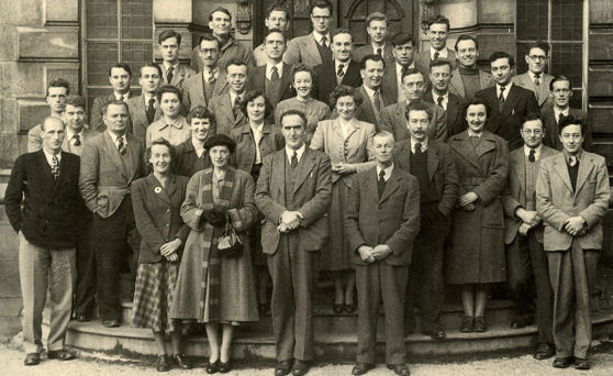 The Plant Breeding Institute staff in 1954, taken at the entrance to the University Department of Agriculture, Downing Street, Cambridge. Source: Plant Breeding Institute.