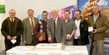 John Bingham with farmers celebrating 18 years of production of Hereward wheat, 2009. Photo: Stephen Brown.