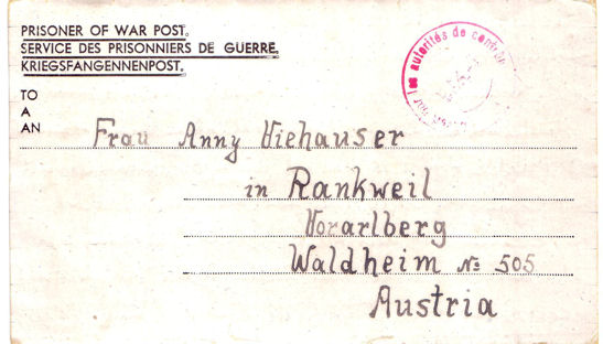 Envelope for letter sent from Trumpington Prisoner of War Camp 45 by one of the prisoners, Josef Viehauser, to his wife, Anny, who lived in Waldheim, Austria. The letter was dated 30 January 1946. Source: Arthur Brookes.