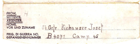 Envelope for letter sent from Trumpington Prisoner of War Camp 45 by one of the prisoners, Josef Viehauser, to his wife, Anny, who lived in Waldheim, Austria. The letter was dated 30 January 1946. Source: Arthur Brookes.