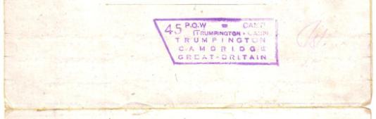 Envelope for letter sent from Trumpington Prisoner of War Camp 45 by one of the prisoners, Josef Viehauser, to his wife, Anny, who lived in Waldheim, Austria. The letter was dated 30 January 1946. Source: Arthur Brookes.