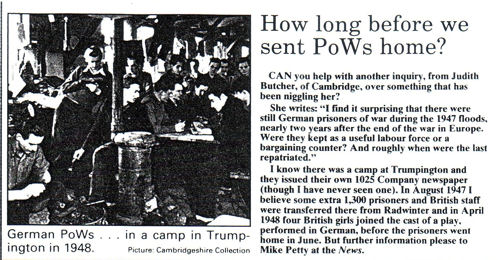 Item about the Trumpington PoW Camp, from the Cambridge Evening News. Originally published in 1948. Source: Arthur Brookes.