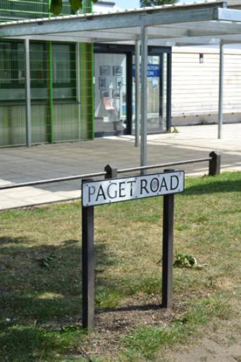 The Paget Road sign and Trumpington Pavilion, May 2011.