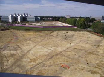 Looking across the Papworth archaeological site from the Addenbrooke’s Car Park. Photo: Randall Evans, 8 September 2014.