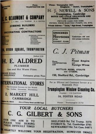 Advertisements in Trumpington Parish Magazine, 1952.