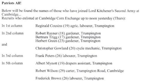 Trumpington men named in the Cambridge Chronicle, 11 September 1914, p. 6.