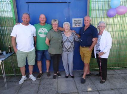 Joan Haylock, Anna Smith, and members of the Haylock family, at the naming of a changing room the Neville Haylock Room, to commemorate the use of the football facilities by Trumpington Tornadoes (from 1972 to 2012), at the 10th Anniversary Celebration of Trumpington Pavilion. Photo: Andrew Roberts, 21 September 2019.
