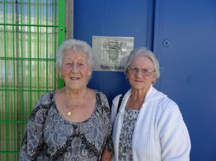 Joan Haylock and Anna Smith at the naming of a changing room to commemorate the use of the football facilities by Trumpington Tornadoes (from 1972 to 2012), at the 10th Anniversary Celebration of Trumpington Pavilion. Photo: Andrew Roberts, 21 September 2019.