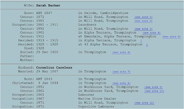 Life history of the Careless family, Cornelius Careless and Sarah Barker, from the People in Trumpington database. Source: Howard Slatter.