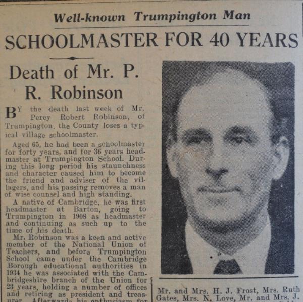 Obituary of Percy Robinson. Independent Press and Chronicle, 10 December 1943, p. 14. Cambridgeshire Collection. Cambridge Central Library.