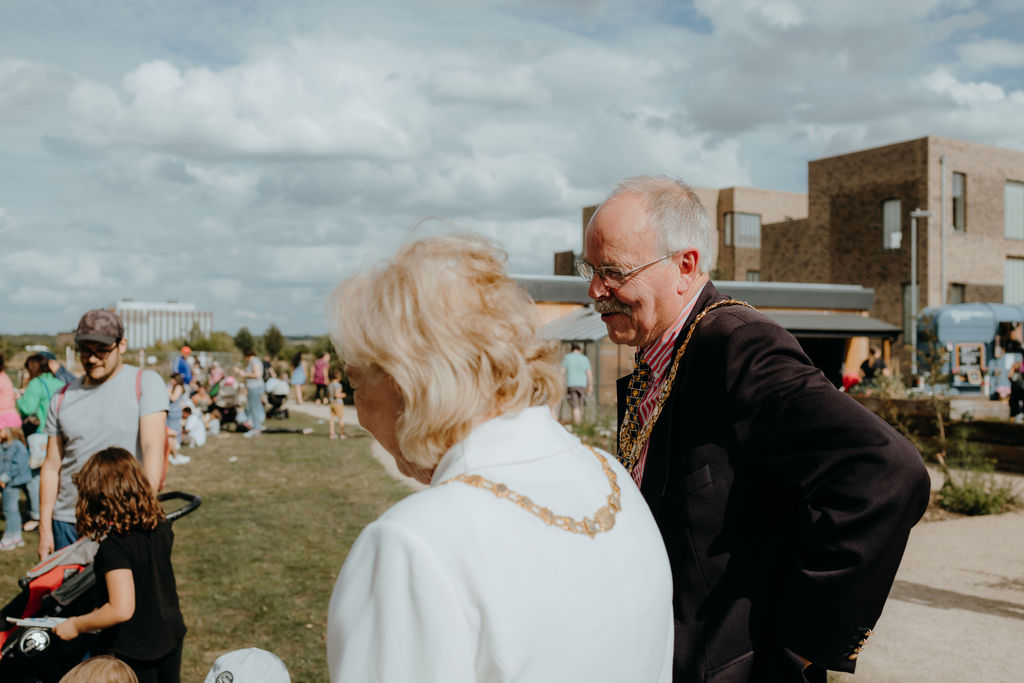 The Mayor and Mayoress of Cambridge, Councillor Mark Ashton and Barbara Ashton,, the Jubilee Garden Party, Clay Farm Community Garden, 25 June 2022. Photo: Gabriella Fuzi, 25 June 2022.